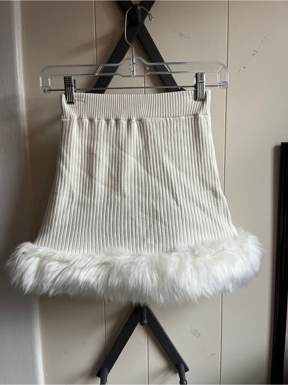 Show Me Your MuMu Cream Ribbed Knit Mini Skirt with Faux-Fur Hem